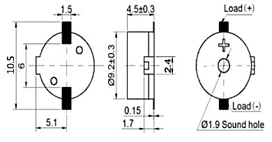 MLT‑9045 series electromagnetic buzzer top and side view